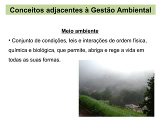 Conceitos adjacentes à Gestão Ambiental

                        Meio ambiente
• Conjunto de condições, leis e interações de ordem física,
química e biológica, que permite, abriga e rege a vida em
todas as suas formas.
 