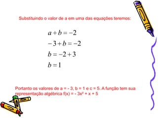 Substituindo o valor de a em uma das equações teremos:

a b

2

3 b
b

2

2 3

b 1
Portanto os valores de a = - 3, b = 1 e c = 5. A função tem sua
representação algébrica f(x) = - 3x² + x + 5

 