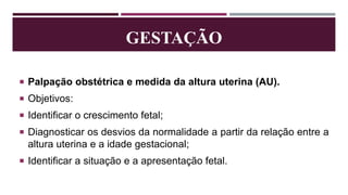 GESTAÇÃO
 Palpação obstétrica e medida da altura uterina (AU).
 Objetivos:
 Identificar o crescimento fetal;
 Diagnosticar os desvios da normalidade a partir da relação entre a
altura uterina e a idade gestacional;
 Identificar a situação e a apresentação fetal.
 