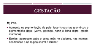 GESTAÇÃO
M) Pele
 Aumento na pigmentação da pele: face (cloasmas gravídicos e
pigmentação geral (vulva, períneo, nariz e linha nigra, aréola
mamária);
 Estrias: aparecem após o sexto mês no abdome, nas mamas,
nos flancos e na região sacral e lombar;
 