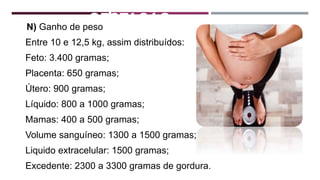 GESTAÇÃO
N) Ganho de peso
Entre 10 e 12,5 kg, assim distribuídos:
Feto: 3.400 gramas;
Placenta: 650 gramas;
Útero: 900 gramas;
Líquido: 800 a 1000 gramas;
Mamas: 400 a 500 gramas;
Volume sanguíneo: 1300 a 1500 gramas;
Liquido extracelular: 1500 gramas;
Excedente: 2300 a 3300 gramas de gordura.
 