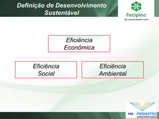 Definição de Desenvolvimento Sustentável 
Eficiência Econômica 
Eficiência Social 
Eficiência Ambiental  