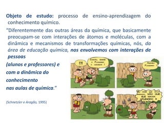 Objeto de estudo: processo de ensino-aprendizagem do
conhecimento químico.
“Diferentemente das outras áreas da química, que basicamente
preocupam-se com interações de átomos e moléculas, com a
dinâmica e mecanismos de transformações químicas, nós, da
área de educação química, nos envolvemos com interações de
pessoas
(alunos e professores) e
com a dinâmica do
conhecimento
nas aulas de química.”
(Schnetzler e Aragão, 1995)
 