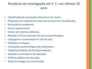 Temáticas de investigação em E. C. nos últimos 20
anos
• Identificação de concepções alternativas de alunos;
• Proposição de modelos de ensino que as levem em consideração;
• Resolução de problemas;
• Ensino experimental;
• Análise de materiais didáticos;
• Relações: CTS em processos de ensino-aprendizagem;
• Linguagem e comunicação em sala de aula;
• Modelos e analogias;
• Concepções epistemológicas de professores;
• Propostas/modelos de formação docente;
• Questões curriculares e de avaliação;
• Políticas públicas de educação;
• Novas tecnologias de comunicação
 