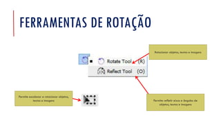 FERRAMENTAS DE ROTAÇÃO
Permite refletir eixos e ângulos de
objetos, textos e imagens
Rotacionar objetos, textos e imagens
Permite escalonar e rotacionar objetos,
textos e imagens
 