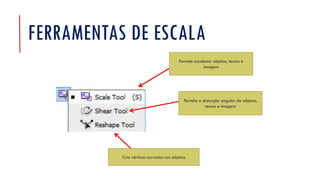 FERRAMENTAS DE ESCALA
Cria vértices curvados nos objetos
Permite escalonar objetos, textos e
imagens
Permite a distorção angular de objetos,
textos e imagens
 