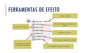 FERRAMENTAS DE EFEITO
Distorce os objetos
Criar distorções enrugadas nos objetos
Cria uma distorção em redemoinho nos
objetos
Permite insuflar os objetos
Permite inflar os objetos
Cria distorções pontiagudas
arredondadas nos objetos
Cria distorções pontiagudas nos objetos
 