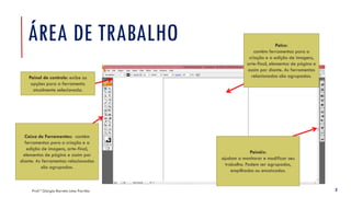 ÁREA DE TRABALHO
Prof.ª Giorgia Barreto Lima Parrião 2
Painel de controle: exibe as
opções para a ferramenta
atualmente selecionada.
Caixa de Ferramentas: contém
ferramentas para a criação e a
edição de imagens, arte-final,
elementos de página e assim por
diante. As ferramentas relacionadas
são agrupadas.
Painéis:
ajudam a monitorar e modificar seu
trabalho. Podem ser agrupados,
empilhados ou encaixados.
Palco:
contém ferramentas para a
criação e a edição de imagens,
arte-final, elementos de página e
assim por diante. As ferramentas
relacionadas são agrupadas.
 