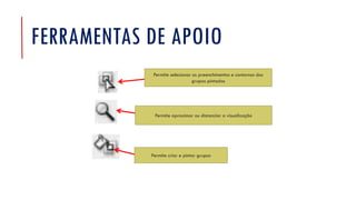 FERRAMENTAS DE APOIO
Permite selecionar os preenchimentos e contornos dos
grupos pintados
Permite criar e pintar grupos
Permite aproximar ou distanciar a visualização
 