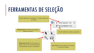 FERRAMENTAS DE SELEÇÃO
Selection Tool: Ferramenta que permite
selecionar objetos
Magic Wand Tool: Permite selecionar
objetos através de suas tolerâncias de
preenchimento, bordas e opacidade.
Lasso Tool: Permite selecionar livremente
os vértices do objeto
Permite selecionar objetos agrupados
Permite selecionar e manipular os vértices e linhas de
um objeto
 