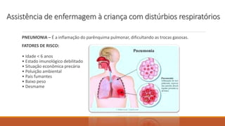 PNEUMONIA – É a inflamação do parênquima pulmonar, dificultando as trocas gasosas.
FATORES DE RISCO:
• Idade < 6 anos
• Estado imunológico debilitado
• Situação econômica precária
• Poluição ambiental
• Pais fumantes
• Baixo peso
• Desmame
Assistência de enfermagem à criança com distúrbios respiratórios
 