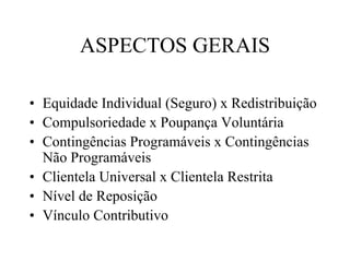 ASPECTOS GERAIS

• Equidade Individual (Seguro) x Redistribuição
• Compulsoriedade x Poupança Voluntária
• Contingências Programáveis x Contingências
  Não Programáveis
• Clientela Universal x Clientela Restrita
• Nível de Reposição
• Vínculo Contributivo
 