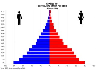 GRÁFICO 20.1
                                               DISTRIBUIÇÃO ETÁRIA POR SEXO
                                                        BRASIL, 1950
80 e +

75-79

70-74

65-69

60-64

55-59

50-54

45-49

40-44

35-39

30-34

25-29

20-24

15-19

10-14

   5-9

   0-4

     10%           8%            6%       4%    2%       0%       2%      4%   6%   8%   10%
Fonte: IBGE, Censo Demográfico de 1950.
 