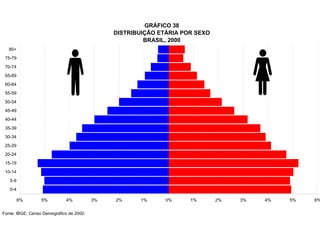 GRÁFICO 38
                                               DISTRIBUIÇÃO ETÁRIA POR SEXO
                                                        BRASIL, 2000
   80+
 75-79
 70-74
 65-69
 60-64
 55-59
 50-54
 45-49
 40-44
 35-39
 30-34
 25-29
 20-24
 15-19
 10-14
   5-9
   0-4

         6%       5%          4%          3%   2%     1%      0%     1%       2%   3%   4%   5%   6%

Fonte: IBGE, Censo Demográfico de 2000.
 