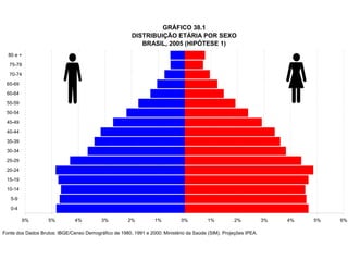 GRÁFICO 38.1
                                                        DISTRIBUIÇÃO ETÁRIA POR SEXO
                                                           BRASIL, 2005 (HIPÓTESE 1)
  80 e +
  75-79
  70-74
 65-69
 60-64
 55-59
 50-54
 45-49
 40-44
 35-39
 30-34
 25-29
 20-24
 15-19
 10-14
   5-9
   0-4

           6%      5%          4%          3%         2%          1%         0%          1%         2%            3%   4%   5%   6%

Fonte dos Dados Brutos: IBGE/Censo Demográfico de 1980, 1991 e 2000; Ministério da Saúde (SIM). Projeções IPEA.
 
