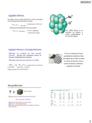 29/03/2012




 Ligações Iônicas
Íons sódio e cloro se juntam para formar o sólido, sua atração
mútua libera grande quantidade de energia;

         Na+ (g) + Cl- (g)                       Energia liberada = 787 kJ.mol-1
                                      NaCl (s)
    Mudança de energia líquida no processo global

          Na (g) + Cl (g)                        145 -787 = -642 kJ.mol-1             Um sólido iônico é um
                                   NaCl (s)
                                                  (decréscimo de energia)             conjunto de cátions e
                                                                                      ânions empacotados m
                                                                                      um arranjo regular.




 Ligações Iônicas e a Energia Reticular
  Energia (ou entalpia) de rede (energia                                            O mol é a unidade do SI para
  reticular): permite que compostos iônicos se                                      quantidade de substância. Essa
  formem. Estabilidade do composto.
                                                                                   quantidade não se refere à massa
  Energia necessária para vaporizar um sólido.
                                                                                    ou volume da amostra, mas ao
                                                                                    número de átomos, moléculas ,
   NaCl (s)                  Na+ (g) + Cl- (g) Energia reticular U= 787 kJ.mol-1
                                                                                        presentes na amostra.
1 mol de NaCl        1 mol de Na+ + 1 mol de Cl-

(sólido cristalino) (íons oriundos do NaCl)




Energia Reticular


                                       Retículo cristalino




 Endotérmicas e sinal positivo, expressas em ∆H (∆HL)

                  ∆HL = Hm (íons,g) – Hm(sólido)

 Depende do tamanho do íon e da sua carga ;
 menor íon, maior energia reticular.
 Não pode ser medida diretamente, mas podemos calcular de
 maneira indireta.




                                                                                                                      2
 