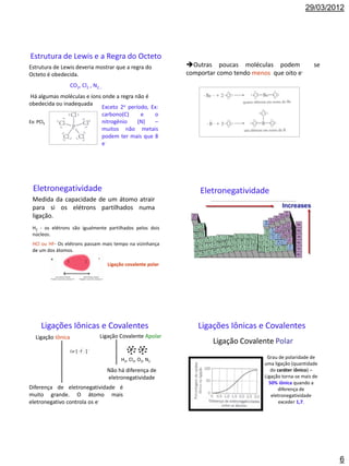 29/03/2012




Estrutura de Lewis e a Regra do Octeto
Estrutura de Lewis deveria mostrar que a regra do                     Outras poucas moléculas podem                 se
Octeto é obedecida.                                                   comportar como tendo menos que oito e-
                   CO2, Cl2 , N2...
 Há algumas moléculas e íons onde a regra não é
obedecida ou inadequada
                             Exceto 2o período, Ex:
                             carbono(C)     e    o
Ex: PCl5                     nitrogênio    (N)   –
                             muitos não metais
                             podem ter mais que 8
                             e-




 Eletronegatividade                                                       Eletronegatividade
 Medida da capacidade de um átomo atrair
 para si os elétrons partilhados numa
 ligação.
 H2 - os elétrons são igualmente partilhados pelos dois
 núcleos.
 HCl ou HF- Os elétrons passam mais tempo na vizinhança
 de um dos átomos.
        +                               -
                                            Ligação covalente polar




    Ligações Iônicas e Covalentes                                        Ligações Iônicas e Covalentes
  Ligação Iônica                        Ligação Covalente Apolar
                                                                              Ligação Covalente Polar
                             ..
                   Cs+   [ : . .: ] -
                             F

                                                  H2, Cl2, O2, N2                               Grau de polaridade de
                                                                                               uma ligação (quantidade
                                            Não há diferença de                                   do caráter iônico) –
                                            eletronegatividade                                 Ligação torna-se mais de
                                                                                                 50% iônica quando a
Diferença de eletronegatividade é                                                                    diferença de
muito grande. O átomo mais                                                                        eletronegatividade
eletronegativo controla os e-                                                                         exceder 1,7.




                                                                                                                          6
 