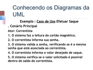 Conhecendo os Diagramas da
   UML
        Exemplo : Caso de Uso Efetuar Saque
. Cenário Principal
Ator: Correntista
1. O sistema faz a leitura do cartão magnético.
2. O correntista informa sua senha.
3. O sistema valida a senha, verificando se é a mesma
senha que está associada ao correntista.
4. O correntista informa o valor desejado de saque.
5. O sistema verifica se o valor solicitado é possível
dentro do saldo do correntista.
 