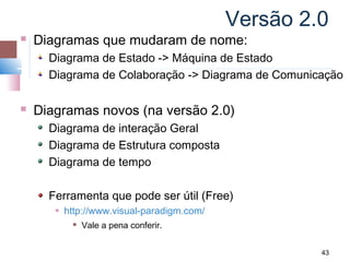 Versão 2.0
   Diagramas que mudaram de nome:
      Diagrama de Estado -> Máquina de Estado
      Diagrama de Colaboração -> Diagrama de Comunicação

   Diagramas novos (na versão 2.0)
      Diagrama de interação Geral
      Diagrama de Estrutura composta
      Diagrama de tempo

      Ferramenta que pode ser útil (Free)
          http://www.visual-paradigm.com/
               Vale a pena conferir.


                                                      43
 