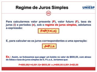 Regime de Juros Simples
                                       03


Para calcularmos valor presente (P), valor futuro (F), taxa de
juros (i) e períodos (n), sob o regime de juros simples, adotamos
a expressão:
                                 F=P(1+i.n)


E, para calcular-se os juros correspondentes a uma operação:

                                    J=P.i.n


Ex.: Assim, se tivéssemos que pagar um boleto no valor de $600,00, com atraso
de 5dias e taxa de juros simples de 0,1%.a.d., teríamos que:

            F=600,00(1+0,001.5)= $603,00 e J=600,00.0,001.5=$3,00
 