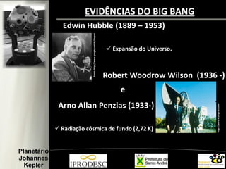 EVIDÊNCIAS DO BIG BANG
Fonte: http://www.google.com.br/imgres

Edwin Hubble (1889 – 1953)
 Expansão do Universo.

Robert Woodrow Wilson (1936 -)

 Radiação cósmica de fundo (2,72 K)

http://astro.if.ufrgs.br/univ

Arno Allan Penzias (1933-)

/

e

 