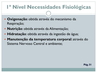 1ª Nível Necessidades Fisiológicas
 Oxigenação: obtida através do mecanismo da
Respiração;
 Nutrição: obtida através da Alimentação;
 Hidratação: obtida através da ingestão de água;
 Manutenção da temperatura corporal: através do
Sistema Nervoso Central e ambiente;
 