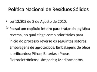 Política Nacional de Resíduos Sólidos
Política Nacional de Resíduos Sólidos
• Lei 12.305 de 2 de Agosto de 2010.
Possui um capítulo inteiro para tratar da logística
reversa, no qual elege como prioritários para
inicio do processo reverso os seguintes setores:
Embalagens de agrotóxicos; Embalagens de óleos
lubrificantes; Pilhas; Baterias ; Pneus;
Eletroeletrônicos; Lâmpadas; Medicamentos
 