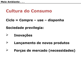 Meio Ambiente . . .
Cultura do Consumo
Ciclo = Compre – use – disponha
Sociedade previlegia:
 Inovações
 Lançamento de novos produtos
 Forças de mercado (necessidades)
 