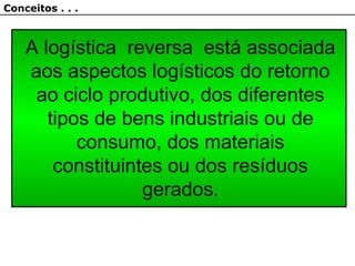A logística reversa está associada
aos aspectos logísticos do retorno
ao ciclo produtivo, dos diferentes
tipos de bens industriais ou de
consumo, dos materiais
constituintes ou dos resíduos
gerados.
Conceitos . . .
 