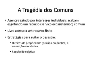 A Tragédia dos Comuns
• Agentes agindo por interesses individuais acabam
esgotando um recurso (serviço ecossistêmico) comum
• Livre acesso a um recurso finito
• Estratégias para evitar o desastre:
 Direitos de propriedade (privada ou pública) e
valoração econômica
 Regulação coletiva
 