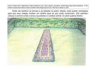 Fonte: Projeto Buriti: Matemática. Editora Moderna (org). Obra coletiva, concebida, desenvolvida pela Editora Moderna, 1ª Ed,
Editoras responsáveis Maria Virgínia Gastaldi, Mara Regina Garcia Gay. São Paulo: Moderna, 2007.

     Vocês vão distribuir os animais e as pessoas no jardim. Depois, terão quedar orientações
para que seus colegas montem um cenário igual ao que vocês construíram. (Por exemplo,
coloque o cachorro entre a cerca a sua direita e o canteiro central, no canto superior direito)
 