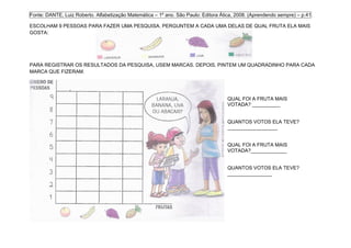 Fonte: DANTE, Luiz Roberto. Alfabetização Matemática – 1º ano. São Paulo: Editora Ática, 2008. (Aprendendo sempre) – p.41

ESCOLHAM 9 PESSOAS PARA FAZER UMA PESQUISA. PERGUNTEM A CADA UMA DELAS DE QUAL FRUTA ELA MAIS
GOSTA:




PARA REGISTRAR OS RESULTADOS DA PESQUISA, USEM MARCAS. DEPOIS, PINTEM UM QUADRADINHO PARA CADA
MARCA QUE FIZERAM.




                                                                                     QUAL FOI A FRUTA MAIS
                                                                                     VOTADA? __________


                                                                                     QUANTOS VOTOS ELA TEVE?
                                                                                     __________________


                                                                                     QUAL FOI A FRUTA MAIS
                                                                                     VOTADA?_____________


                                                                                     QUANTOS VOTOS ELA TEVE?
                                                                                     ________________
 