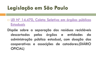 Legislação em São Paulo
LEI Nº 14.470, Coleta Seletiva em órgãos públicos
Estaduais
Dispõe sobre a separação dos resíduos recicláveis
descartados pelos órgãos e entidades da
administração pública estadual, com doação das
cooperativas e associções de catadores.(DIÁRIO
OFICIAL)


 