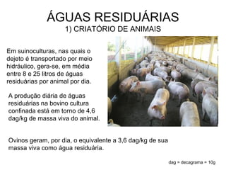 ÁGUAS RESIDUÁRIAS
1) CRIATÓRIO DE ANIMAIS
Em suinoculturas, nas quais o
dejeto é transportado por meio
hidráulico, gera-se, em média
entre 8 e 25 litros de águas
residuárias por animal por dia.
A produção diária de águas
residuárias na bovino cultura
confinada está em torno de 4,6
dag/kg de massa viva do animal.
Ovinos geram, por dia, o equivalente a 3,6 dag/kg de sua
massa viva como água residuária.
dag = decagrama = 10g
 