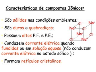 Características de compostos Iônicos:
• São sólidos nas condições ambientes;
• São duros e quebradiços;
• Possuem altos P.F. e P.E.;
• Conduzem corrente elétrica quando
fundidos ou em solução aquosa (não conduzem
corrente elétrica no estado sólido ) ;
• Formam retículos cristalinos.
Na+
Na+
Na+
Na+
Cl-
Cl-
Cl-
Cl-
 