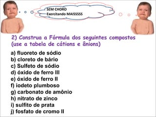 SEM CHORO
Exercitando MAISSSSS
2) Construa a Fórmula dos seguintes compostos
(use a tabela de cátions e ânions)
a) fluoreto de sódio
b) cloreto de bário
c) Sulfeto de sódio
d) óxido de ferro III
e) óxido de ferro II
f) iodeto plumboso
g) carbonato de amônio
h) nitrato de zinco
i) sulfito de prata
j) fosfato de cromo II
 