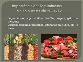 •   Leguminosas: soja, ervilha, lentilha, vagem, grão de
    bico, etc;
•   Contém açúcares, proteínas, vitaminas (A e B, p. ex.) e
    ferro.
 