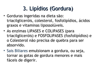 3. Lipídios (Gordura)3. Lipídios (Gordura)
• Gorduras ingeridas na dieta são:
triacilgliceróis, colesterol, fosfolipídios, ácidos
graxos e vitaminas lipossolúveis.
• As enzimas LIPASES e COLIPASES (para
triacilgliceróis) e FOSFOLIPASES (fosfolipídios) e
o Colesterol não precisa de quebra para ser
absorvido.
• Sais Biliares emulsionam a gordura, ou seja,
tornar as gotas de gordura menores e mais
fáceis de digerir.
 