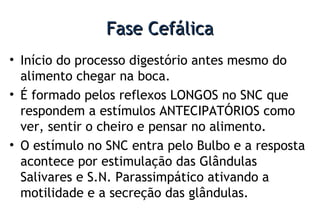 Fase CefálicaFase Cefálica
• Início do processo digestório antes mesmo do
alimento chegar na boca.
• É formado pelos reflexos LONGOS no SNC que
respondem a estímulos ANTECIPATÓRIOS como
ver, sentir o cheiro e pensar no alimento.
• O estímulo no SNC entra pelo Bulbo e a resposta
acontece por estimulação das Glândulas
Salivares e S.N. Parassimpático ativando a
motilidade e a secreção das glândulas.
 