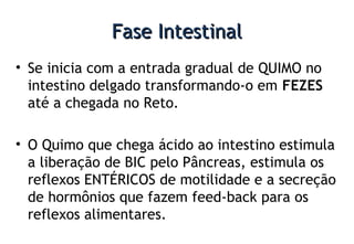 Fase IntestinalFase Intestinal
• Se inicia com a entrada gradual de QUIMO no
intestino delgado transformando-o em FEZES
até a chegada no Reto.
• O Quimo que chega ácido ao intestino estimula
a liberação de BIC pelo Pâncreas, estimula os
reflexos ENTÉRICOS de motilidade e a secreção
de hormônios que fazem feed-back para os
reflexos alimentares.
 