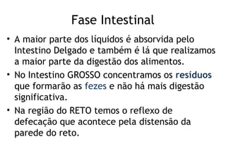 Fase Intestinal
• A maior parte dos líquidos é absorvida pelo
Intestino Delgado e também é lá que realizamos
a maior parte da digestão dos alimentos.
• No Intestino GROSSO concentramos os resíduos
que formarão as fezes e não há mais digestão
significativa.
• Na região do RETO temos o reflexo de
defecação que acontece pela distensão da
parede do reto.
 