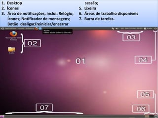 1. Desktop 
2. Ícones 
3. Área de notificações, inclui: Relógio; 
Ícones; Notificador de mensagens; 
Botão desligar/reiniciar/encerrar 
sessão; 
5. Lixeira 
6. Áreas de trabalho disponíveis 
7. Barra de tarefas. 
Turma: 2503-B Aula: 10 Pág: 10 a 17 Data: 18-jan-12 
xxxxx 05 27-35 11/11/2014 
Instrutor: Ricardo Paladini Matos 
Elielso Dias 
ÁREA DE TRABALHO 
 