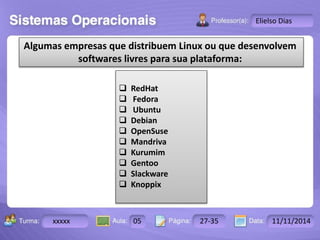 Turma: 2503-B Aula: 10 Pág: 10 a 17 Data: 18-jan-12 
xxxxx 05 27-35 11/11/2014 
Instrutor: Ricardo Paladini Matos 
Elielso Dias 
Algumas empresas que distribuem Linux ou que desenvolvem 
softwares livres para sua plataforma: 
 RedHat 
 Fedora 
 Ubuntu 
 Debian 
 OpenSuse 
 Mandriva 
 Kurumim 
 Gentoo 
 Slackware 
 Knoppix 
 