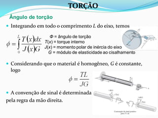  Integrando em todo o comprimento L do eixo, temos
 Considerando que o material é homogêneo, G é constante,
logo
 A convenção de sinal é determinada
pela regra da mão direita.
Φ = ângulo de torção
T(x) = torque interno
J(x) = momento polar de inércia do eixo
G = módulo de elasticidade ao cisalhamento
Ângulo de torção
TORÇÃO
 