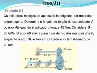 Os dois eixos maciços de aço estão interligados por meio das
engrenagens. Determine o ângulo de torção da extremidade A
do eixo AB quando é aplicado o torque 45 Nm. Considere G =
80 GPa. O eixo AB é livre para girar dentro dos mancais E e F,
enquanto o eixo DC é fixo em D. Cada eixo tem diâmetro de
20 mm.
Exemplo 5.8
TORÇÃO
 