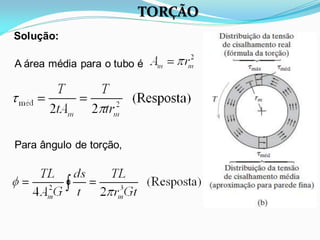 Solução:
A área média para o tubo é
Para ângulo de torção,
TORÇÃO
 