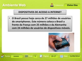 Turma: 2503-B Aula: 10 Pág: 10 a 17 Data: 18-jan-12 
xxxxxx 5 10-17 15/09/2014 
Instrutor: Ricardo Paladini Matos 
Elielso Dias 
DISPOSITIVOS DE ACESSO A INTERNET 
• O Brasil possui hoje cerca de 27 milhões de usuários 
de smartphones. Este número coloca o Brasil a 
frente da França com 25 milhões e da Alemanha 
com 24 milhões de usuários de dispositivos móveis. 
 