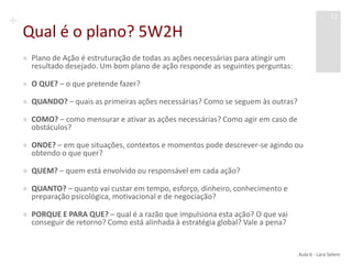 +
Qual é o plano? 5W2H
 Plano de Ação é estruturação de todas as ações necessárias para atingir um
resultado desejado. Um bom plano de ação responde as seguintes perguntas:
 O QUE? – o que pretende fazer?
 QUANDO? – quais as primeiras ações necessárias? Como se seguem às outras?
 COMO? – como mensurar e ativar as ações necessárias? Como agir em caso de
obstáculos?
 ONDE? – em que situações, contextos e momentos pode descrever-se agindo ou
obtendo o que quer?
 QUEM? – quem está envolvido ou responsável em cada ação?
 QUANTO? – quanto vai custar em tempo, esforço, dinheiro, conhecimento e
preparação psicológica, motivacional e de negociação?
 PORQUE E PARA QUE? – qual é a razão que impulsiona esta ação? O que vai
conseguir de retorno? Como está alinhada à estratégia global? Vale a pena?
Aula 6 - Lara Selem
12
 