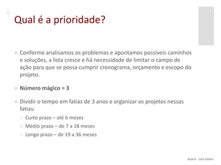 +
Qual é a prioridade?
 Conforme analisamos os problemas e apontamos possíveis caminhos
e soluções, a lista cresce e há necessidade de limitar o campo de
ação para que se possa cumprir cronograma, orçamento e escopo do
projeto.
 Número mágico = 3
 Dividir o tempo em fatias de 3 anos e organizar os projetos nessas
fatias:
 Curto prazo – até 6 meses
 Médio prazo – de 7 a 18 meses
 Longo prazo – de 19 a 36 meses
Aula 6 - Lara Selem
6
 