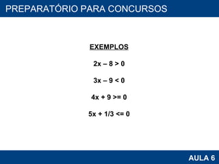 PROAB 2010 AULA 6 PREPARATÓRIO PARA CONCURSOS EXEMPLOS 2x – 8 > 0 3x – 9 < 0 4x + 9 >= 0 5x + 1/3 <= 0 